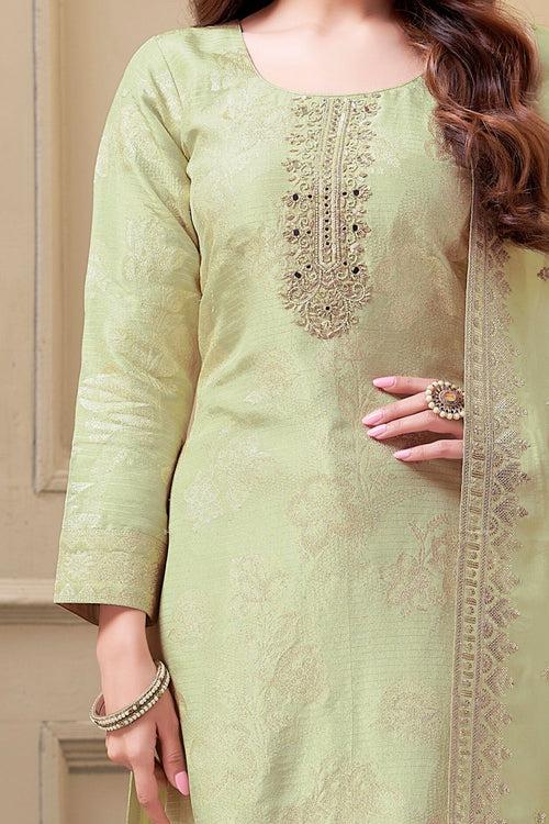 Pista Green Mirror and Sequins work with Banaras Zari Weaving Straight Cut Salwar Suit