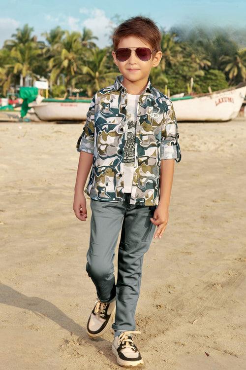 Teal Blue with White Printed Blazer, T-Shirt and Pant Set for Boys