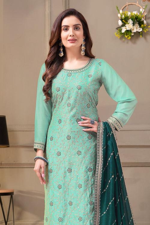 Sea Blue Zari, Sequins and Thread work Straight Cut Salwar Suit