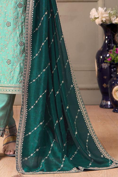 Sea Blue Zari, Sequins and Thread work Straight Cut Salwar Suit