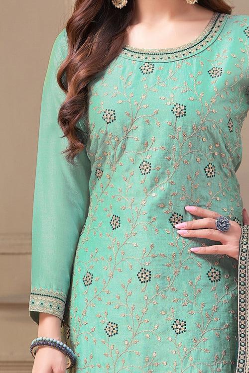 Sea Blue Zari, Sequins and Thread work Straight Cut Salwar Suit