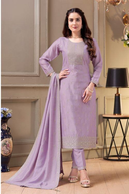 Lavender Zari, Thread and Sequins work Straight Cut Salwar Suit