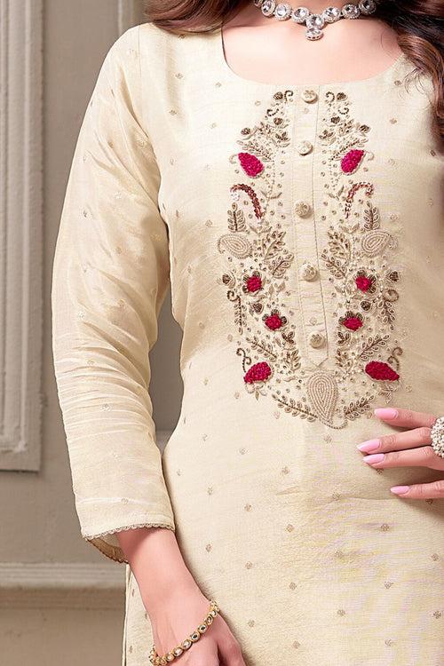 Cream Beads, Zardozi and Sequins work with Banaras Zari Weaving Straight Cut Salwar Suit