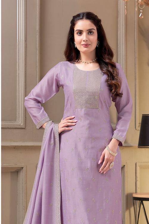 Lavender Zari, Thread and Sequins work Straight Cut Salwar Suit