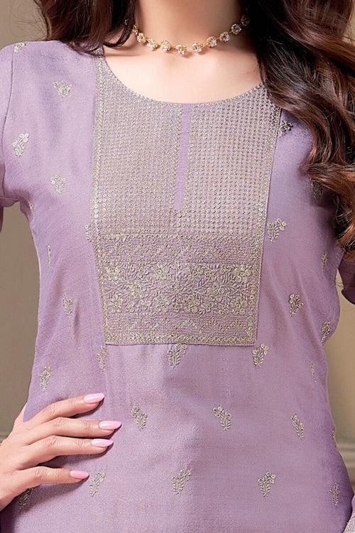 Lavender Zari, Thread and Sequins work Straight Cut Salwar Suit