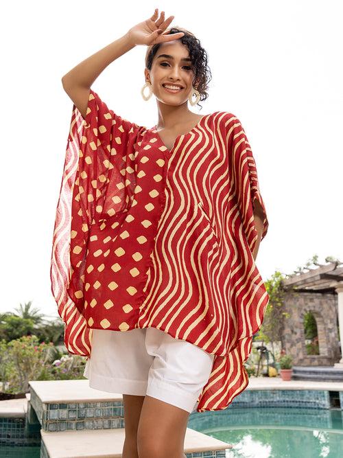 Red Handblock Printed Up-Down Modal Kaftan