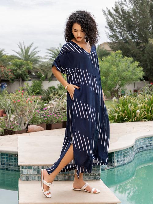 Navy Blue Hand Block Printed  Modal Kaftan Dress