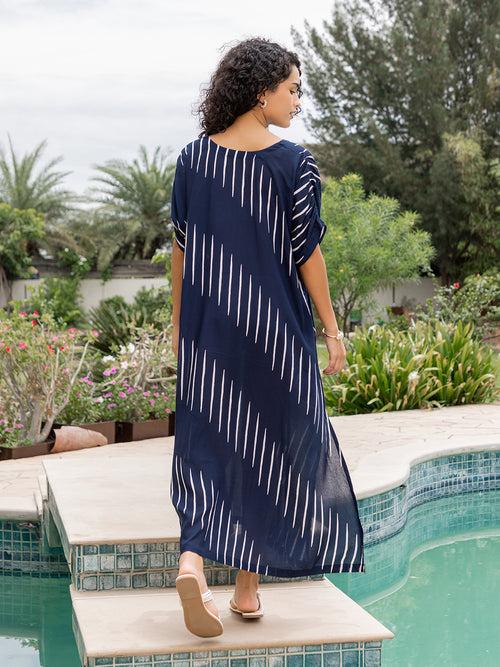 Navy Blue Hand Block Printed  Modal Kaftan Dress