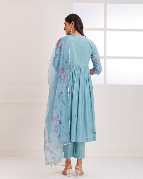 Rangreza Aqua HandPainted Gathered Suit Set - Set of 3