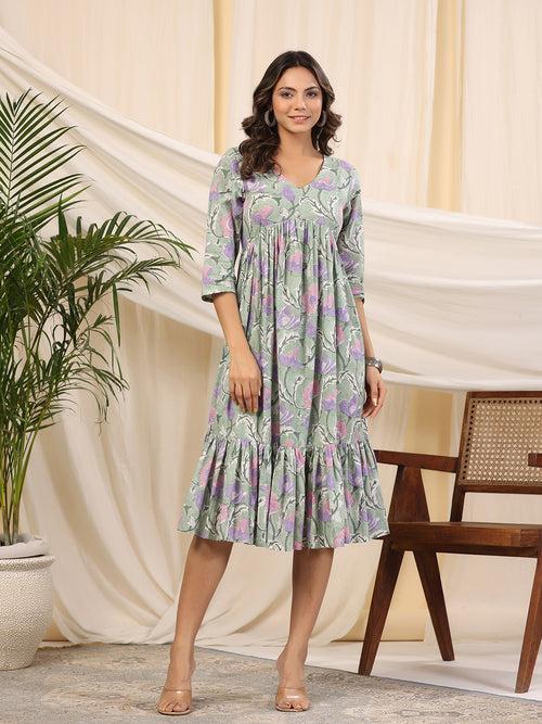 Sea Green Handblock Printed Cotton Dress