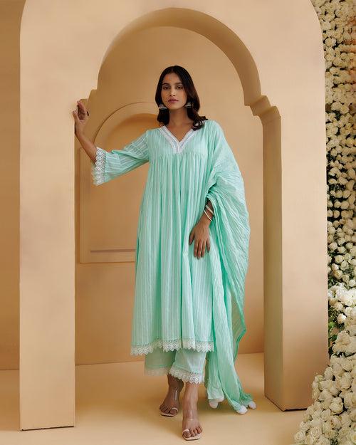 Ghazal Sea Green Lino Mul Gathered Lace Suit Set