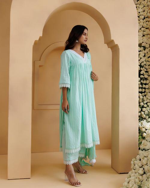 Ghazal Sea Green Lino Mul Gathered Lace Suit Set