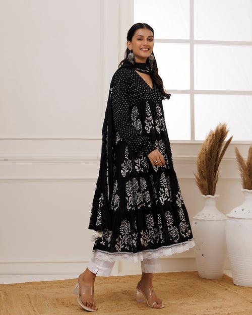 Qala Black Hand Block Printed Anarkali Suit Set