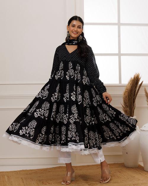 Qala Black Hand Block Printed Anarkali Suit Set