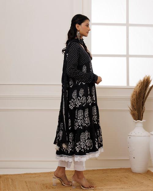 Qala Black Hand Block Printed Anarkali Suit Set