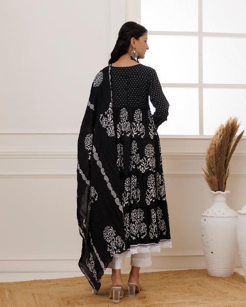 Qala Black Hand Block Printed Anarkali Suit Set