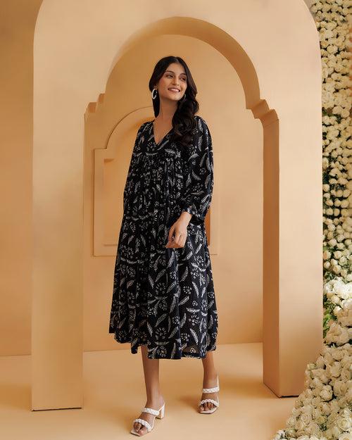 Qala Black Hand Block Printed Gathered Dress