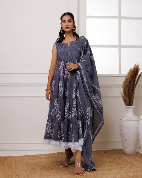 Qala Grey Hand Block Printed Anarkali Suit Set