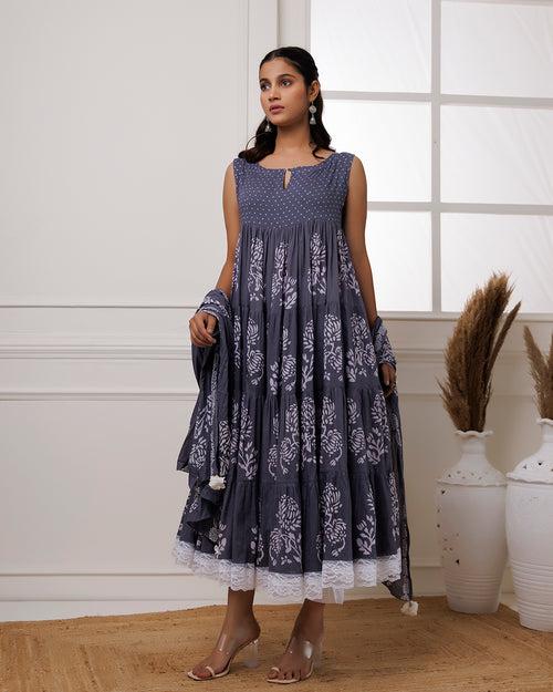 Qala Grey Hand Block Printed Anarkali Suit Set