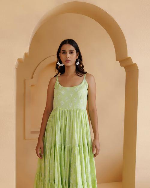 Qala Pista Green Hand Block Printed Tier Dress