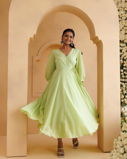 Qala Pista Green Polka Hand Block Printed Angrakha Dress