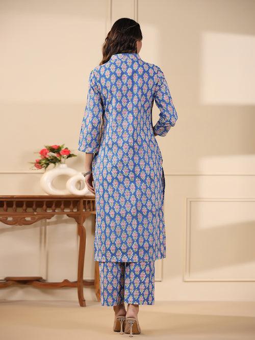 Sadabahaar Blue Butti Handblock Printed Cotton Kurta Pant