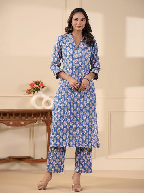 Sadabahaar Blue Butti Handblock Printed Cotton Kurta Pant