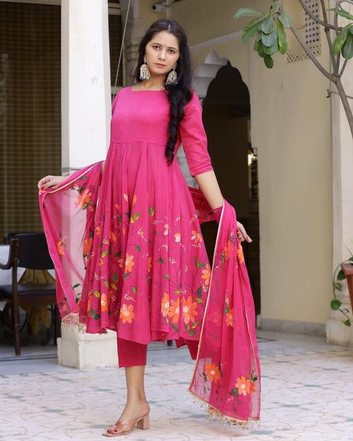 Magenta Handbrush Painted Cotton Anarkali Suit Set (Set of 3)