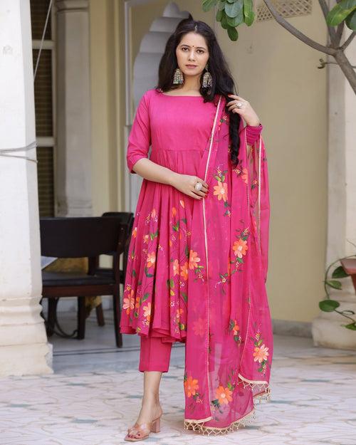 Magenta Handbrush Painted Cotton Anarkali Suit Set (Set of 3)