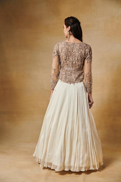 Champagne nude 3D floral short jacket with flared georgette lehenga skirt