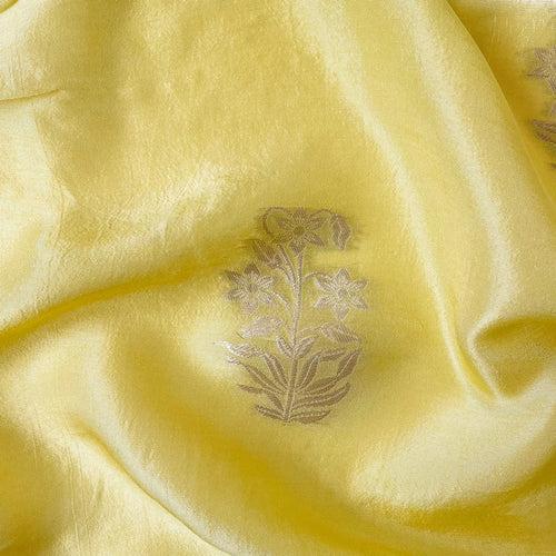 (CUT PIECE) Pale Yellow Bunch of Daisies Cloth of Gold Woven Pure Russian Silk Kurta Fabric (Width 36 Inches)