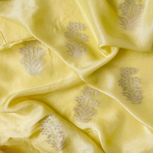 (CUT PIECE) Pale Yellow Bunch of Daisies Cloth of Gold Woven Pure Russian Silk Kurta Fabric (Width 36 Inches)