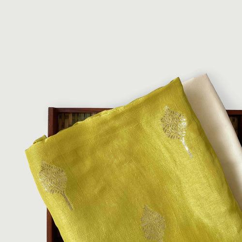 Unisex Dusty Yellow Golden Tree Cloth of Gold | Woven Pure Russian Silk Kurta Fabric (3.2 Meters) | and Cotton Pyjama (2.5 Meters) | Unstitched Combo Set