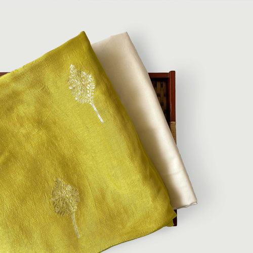 Unisex Dusty Yellow Golden Tree Cloth of Gold | Woven Pure Russian Silk Kurta Fabric (3.2 Meters) | and Cotton Pyjama (2.5 Meters) | Unstitched Combo Set