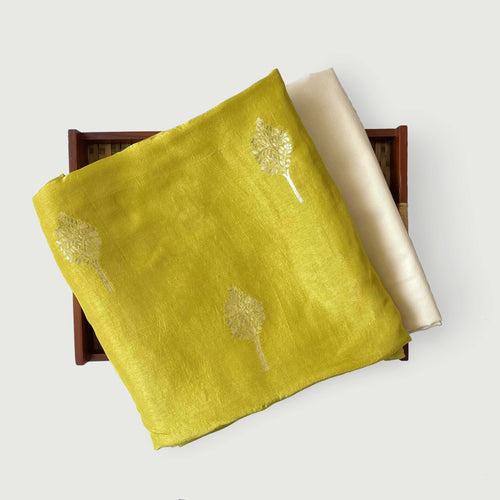 Unisex Dusty Yellow Golden Tree Cloth of Gold | Woven Pure Russian Silk Kurta Fabric (3.2 Meters) | and Cotton Pyjama (2.5 Meters) | Unstitched Combo Set