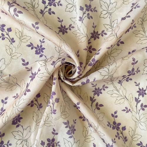 Khaki & Purple Abstract Floral Printed Burberry Silk Fabric (Width 47 Inches)