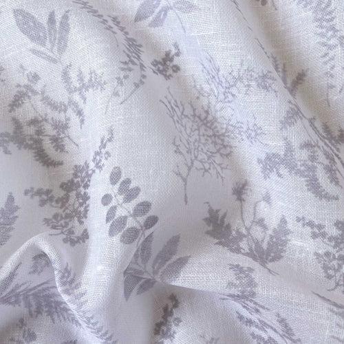 Grey & White Abstract Leaves Printed Linen Fabric (Width 54 Inches)