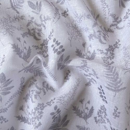 Grey & White Abstract Leaves Printed Linen Fabric (Width 54 Inches)