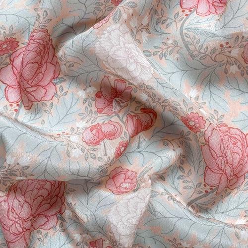 (CUT PIECE) Peach Rose and Blue Garden of Roses Digital Printed Pure Crepe Fabric (Width 43 Inches)