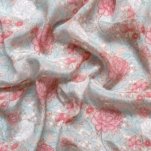 (CUT PIECE) Peach Rose and Blue Garden of Roses Digital Printed Pure Crepe Fabric (Width 43 Inches)