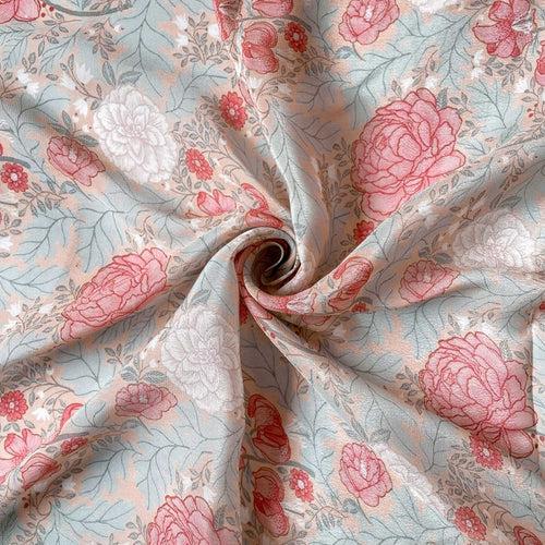 (CUT PIECE) Peach Rose and Blue Garden of Roses Digital Printed Pure Crepe Fabric (Width 43 Inches)