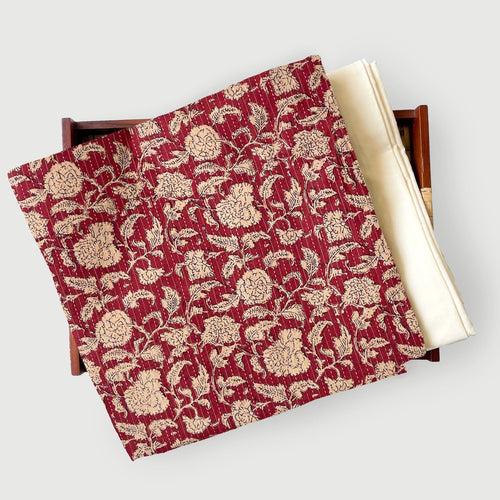 Beige & Red Flower Garden | Kantha Embroidered Hand Block Printed Pure Cotton Fabric (3 Meters) | and Cotton Pyjama (2.5 Meters) | Unstitched Combo Set