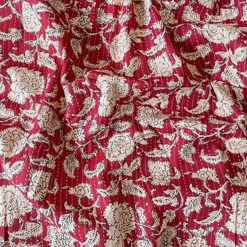 Beige & Red Flower Garden | Kantha Embroidered Hand Block Printed Pure Cotton Fabric (3 Meters) | and Cotton Pyjama (2.5 Meters) | Unstitched Combo Set
