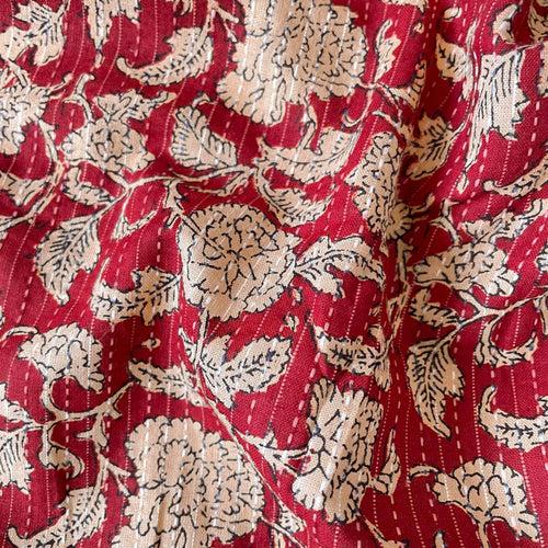 Beige & Red Flower Garden | Kantha Embroidered Hand Block Printed Pure Cotton Fabric (3 Meters) | and Cotton Pyjama (2.5 Meters) | Unstitched Combo Set