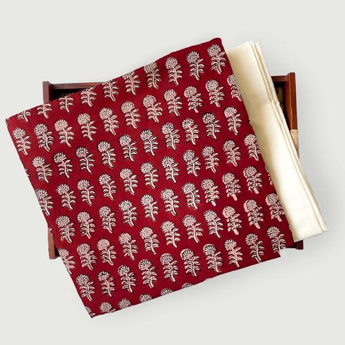 Brick Red & Beige Mini Traditional Floral | Bagru Hand Block Printed Pure Cotton Fabric (3 Meters) | and Cotton Pyjama (2.5 Meters) | Unstitched Combo Set