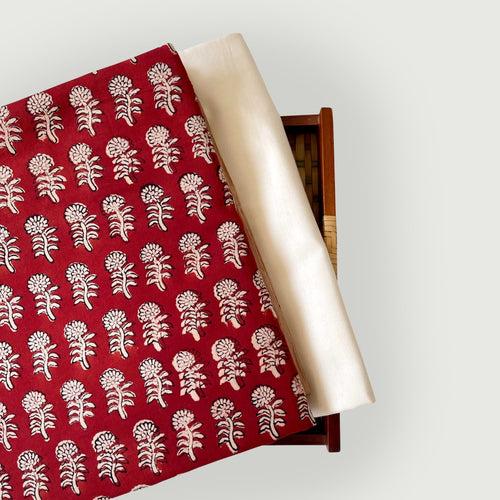 Brick Red & Beige Mini Traditional Floral | Bagru Hand Block Printed Pure Cotton Fabric (3 Meters) | and Cotton Pyjama (2.5 Meters) | Unstitched Combo Set