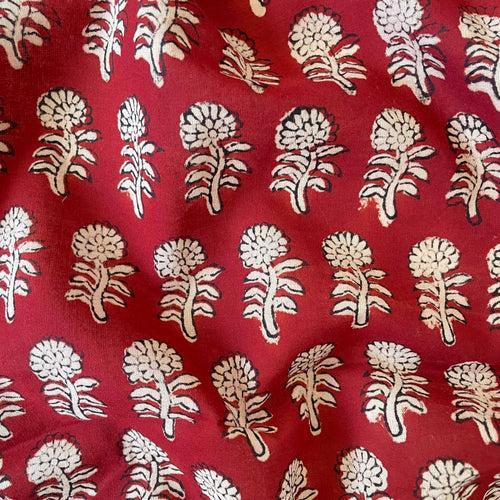 Brick Red & Beige Mini Traditional Floral | Bagru Hand Block Printed Pure Cotton Fabric (3 Meters) | and Cotton Pyjama (2.5 Meters) | Unstitched Combo Set