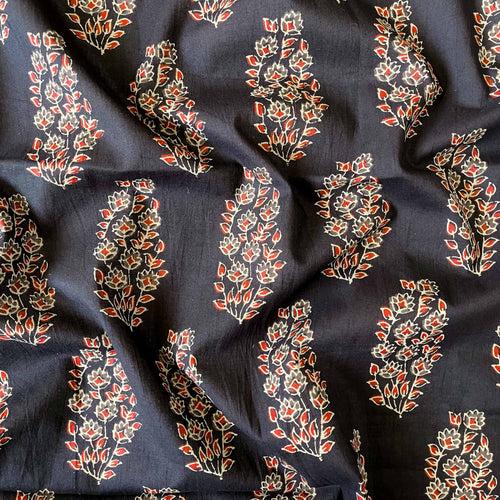 Deep Black & Beige Mughal Floral Bunch | Hand Block Printed Pure Cotton Fabric (3 Meters) | and Cotton Pyjama (2.5 Meters) | Unstitched Combo Set