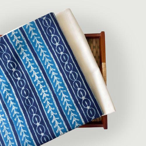 Deep Blue Tribal Stripes | Hand Block Printed Pure Cotton Fabric (3 Meters) | and Cotton Pyjama (2.5 Meters) | Unstitched Combo Set