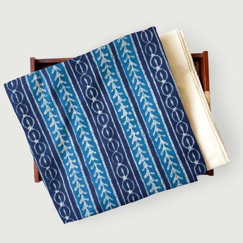 Deep Blue Tribal Stripes | Hand Block Printed Pure Cotton Fabric (3 Meters) | and Cotton Pyjama (2.5 Meters) | Unstitched Combo Set